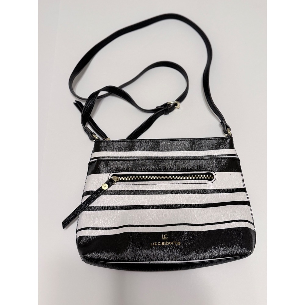 Liz Claiborne Black White Striped Crossbody Bag Faux Leather Gold Hardware